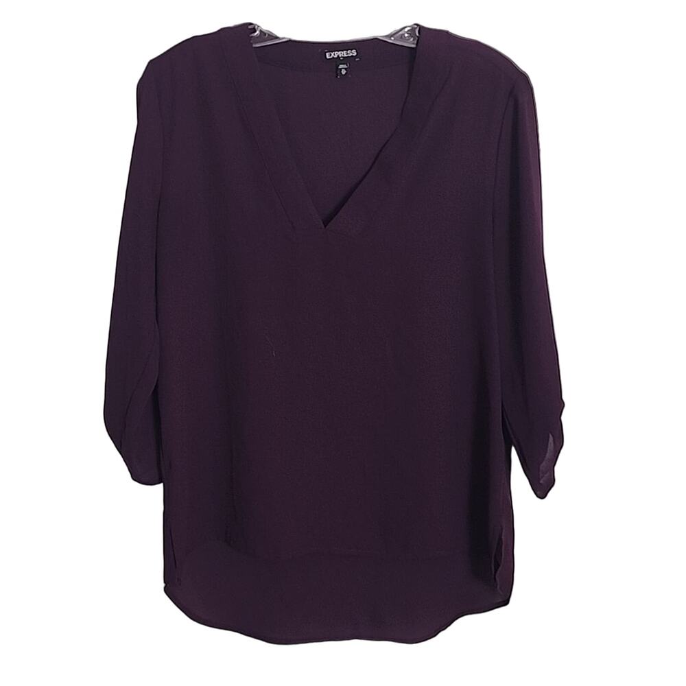 Express Purple/Eggplant Lightweight Roll-Tab Sleeve Blouse, Small